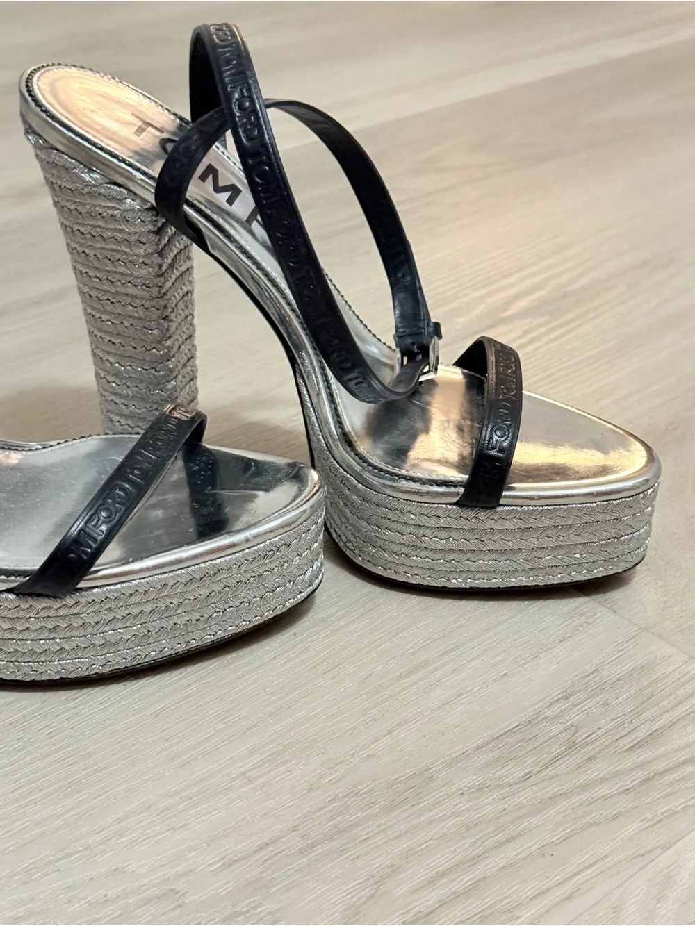 Tom Ford Silver and Black Platform Espadrille Sandals